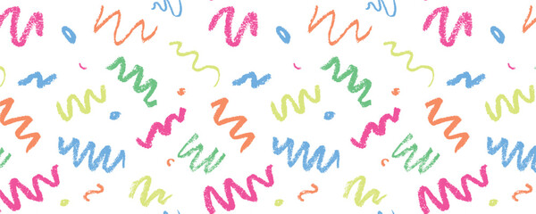 Confetti squiggle scribble seamless pattern. Vector stock hand draw crayon brush stroke illustration for design template abstract background kids birthday party banner. 