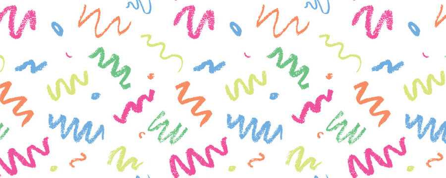 Confetti squiggle scribble seamless pattern. Vector stock hand draw crayon brush stroke illustration for design template abstract background kids birthday party banner. 