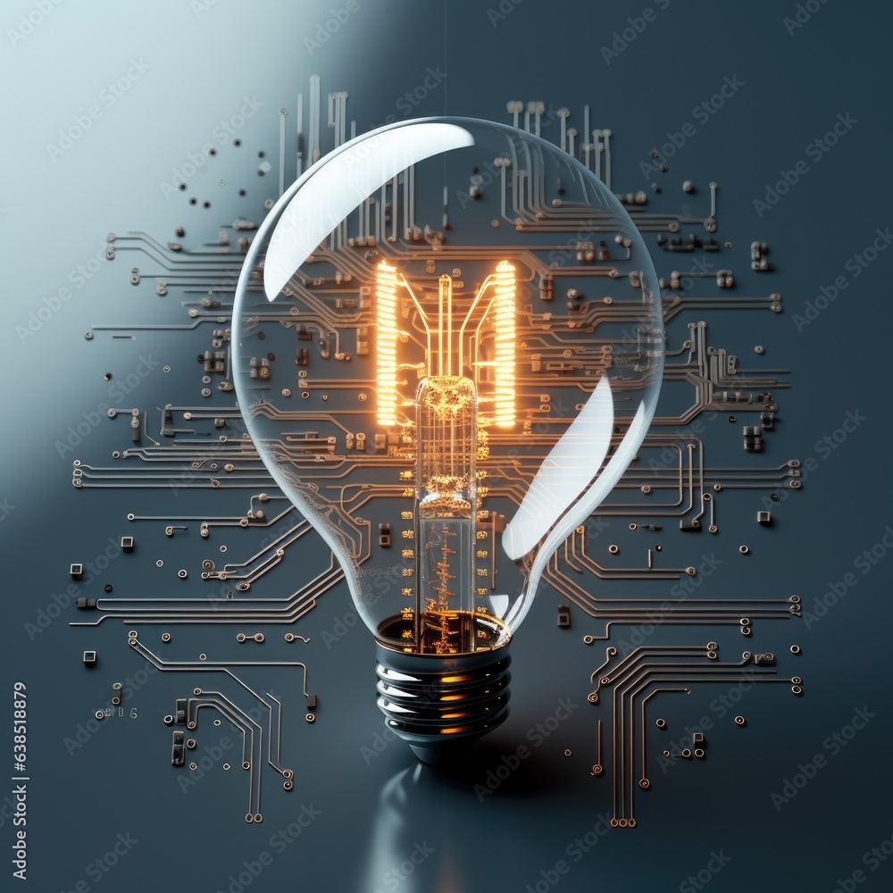 Poster a light bulb with a circuit in the background. digital image.