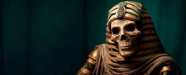 Ancient pharaoh skeleton on a dark green background. Halloween image with copy space. Generative AI