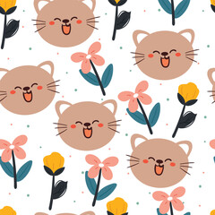 seamless pattern cartoon cat and flower. cute animal wallpaper for textile, gift wrap paper