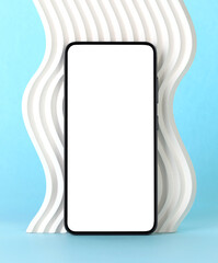 Smart Phone with blank screen on a white decor wave, on turquoise background
