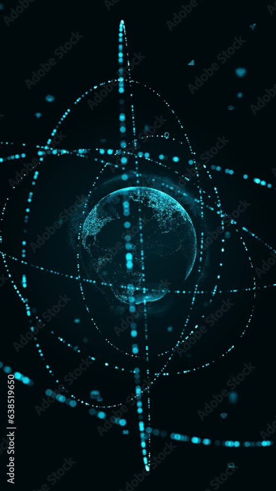 Aufkleber motion graphic of blue digital earth sphere logo with particle ring circle rotation and earth sphere