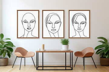 Stylish composition with a poster in a brown frame and minimal deco. 