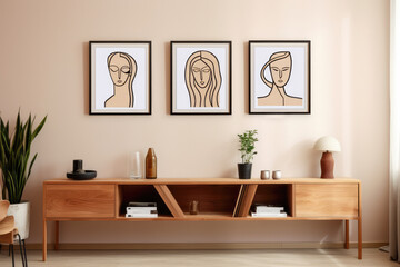 Stylish composition with a poster in a brown frame and minimal deco. 