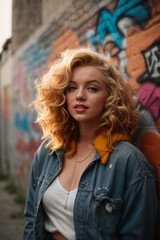 portrait of Marilyn Monroe with long ginger wavy hair standing in front of a wall with graffiti, wearing casual clothes, fall vibes, blushed, looking at the camera, colorful scene, midshot, focus on f