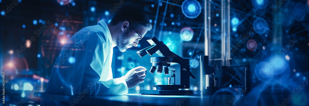 Poster scientist working with microscope in laboratory. mixed media.