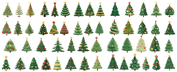 set of christmas tree. in the style of flat design hand drawing. isolated on a transparent background. eps 10