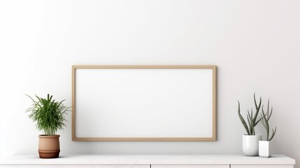 blank mockup frame on white painted wall of home interior entrance area, copy space, minimal design.
