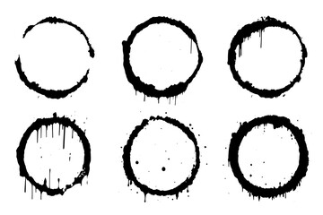 Black shapes of wine circle and coffee ring stains. Dirty splashes and spots Hand drawn tea or ink ring stains on white background. Vector illustration.