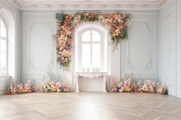 Fototapeta na wymiar wedding backdrop aesthetic flower decoration pastel color indoor minimalist studio background 