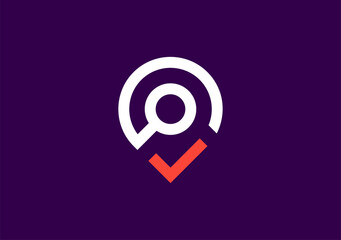 Iconic Pin location logo with magnifying glass and check mark symbol
