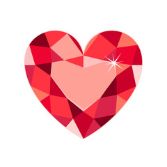 Naklejka na ściany i meble Red heart shaped diamond isolated on white background. Vector illustration of ruby crystal. Gem flat icon.