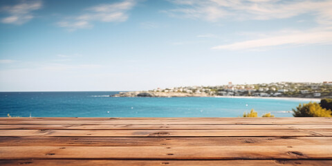 Wooden table on the background of the sea, island and the blue sky. High quality photo