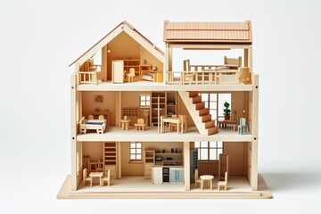 Wooden dollhouse on white bg w/clipping path - realistic. Generative AI