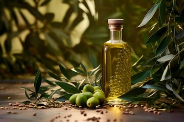 Bottle containing olive oil surrounded by a green leaf and golden and green olives. Generative AI