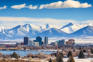 Reno downtown: skyline, hotels, casinos, residential area, snow-capped mountains. Generative AI