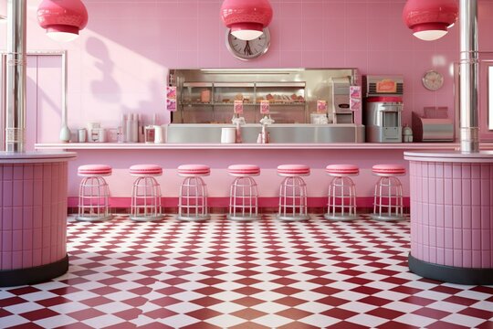 Vintage American ice cream parlour with pink stools at the bar. Pink bar  counter. Cute pink cafe concept. Generative AI. Stock Illustration