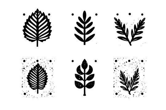 Set of lino cut vector stamp black leaves and branch imprints on white background. Hand drawn floral elements.