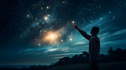 man reaching for stars in sky near trees