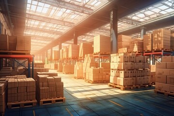 Large industrial warehouse for business shipping and cargo storage with goods on pallets. Generative AI