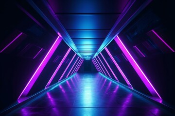 Futuristic triangular tunnel with neon lights, leading to an underground garage in purple and blue hues. Generative AI