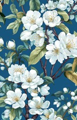 Soft white flowers and branches in front of dark blue background