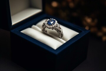 A luxurious diamond and sapphire ring displayed in an elegant gift box. Generative AI