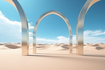 Obraz na płótnie Canvas a panoramic desert scene with metallic shapes and mirrored arches under blue sky. minimal 3d rendering wallpaper. Generative AI