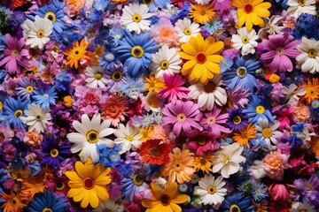 Colorful backdrop adorned with vibrant daisies and violets in a stunning floral motif. Generative AI