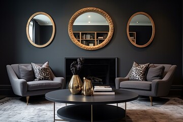 Contemporary dark gray living room featuring two oval mirrors. Generative AI