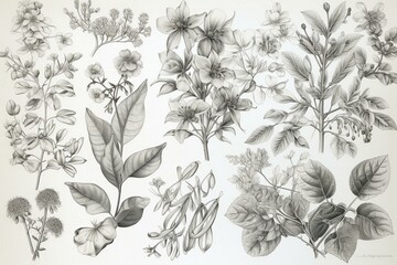 Floral and foliage sketches made by hand using graphite pencil. Generative AI