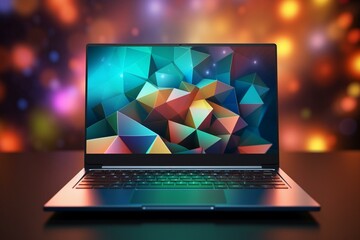 Close-up laptop in spotlight on geometric background. Product presentation. 3D rendering. Generative AI