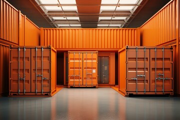 3D rendering of shipping containers, including one orange container with both open and closed doors. Generative AI - obrazy, fototapety, plakaty