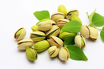 White background, pistachios and leaves. Generative AI