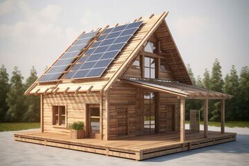 3D eco log cabin with solar panels, ideal for green renewable energy. Generative AI