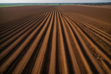 Naklejka premium Aerial view ; Rows of soil before planting. Furrows row pattern in a plowed field prepared for planting crops in spring. Aerial view of land prepared for planting and cultivating the crop