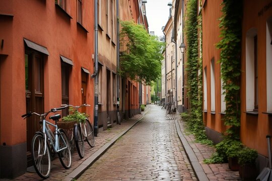 Nostalgic lane lined with Swedish buildings in Malmo old town; Nordic charm showcased by cobblestones and bicycles. Generative AI