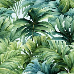 Tropical green big leaves seamless pattern. Generative AI.