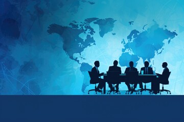 Background with a diverse group of individuals discussing global issues around a table with a world map