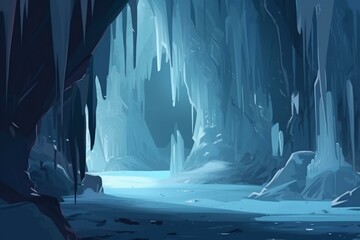 Illustration of an ice cave ecosystem with frosty stalactites and natural light. Concept art of frozen blue and icy interior. Generative AI