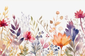 Watercolor wildflowers and leaves create a seamless border, perfect for weddings and greetings. Generative AI