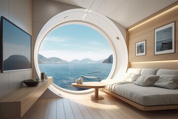 Contemporary cabins with spacious circular porthole window in yacht interior. Generative AI