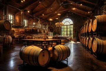A winery in Napa Valley filled with barrels of wine. Generative AI
