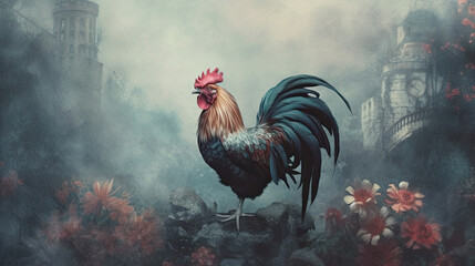 Rooster with brown plumage is crowing against wooden wll background. Copy space for text. banner - obrazy, fototapety, plakaty