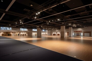 An unoccupied venue space showcasing exhibition stands, a conference room, a large arena, and a ballroom stage. Generative AI