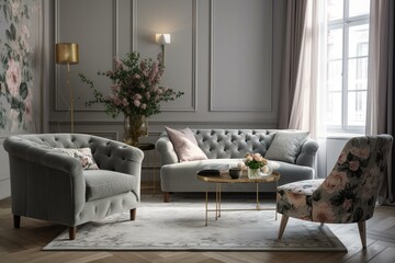 Image of a gray sofa and armchair in a serene living room adorned with flowers. Generative AI