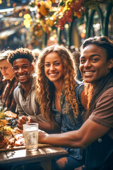 A group of happy, smiling young friends are drinking beer in a street bar-restaurant, having fun and chatting.