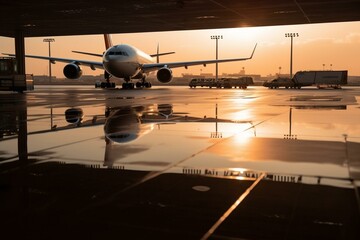 Reflection of plane landing at Riyadh visible in terminal. Generative AI