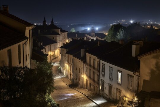 Night time view of a historic town. Generative AI